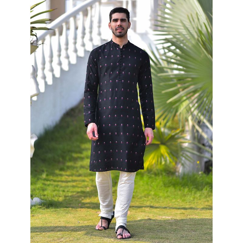 House of Deyann Black Jacquard Kurta with Churidar (Set of 2) (S)