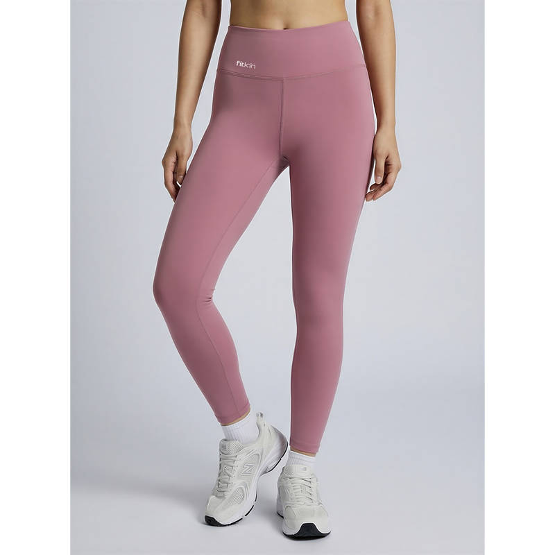 Fitkin Women's Pink High Waist Core Solid Leggings with Back Pocket (S)