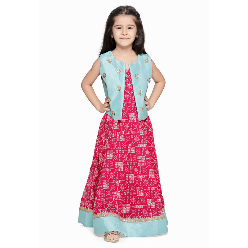 Lilpicks Long Dress With Sky Jacket Printed - Magenta (2-3 Years)