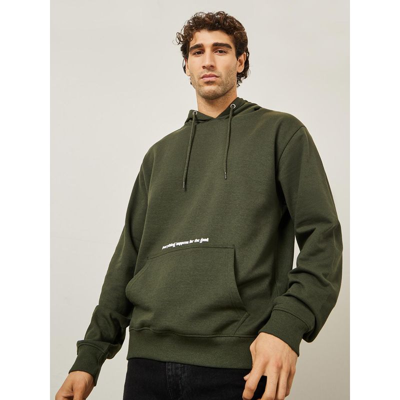 Styli Minimal Puff Print Fleece Relaxed Fit Hoodie Olive (L)