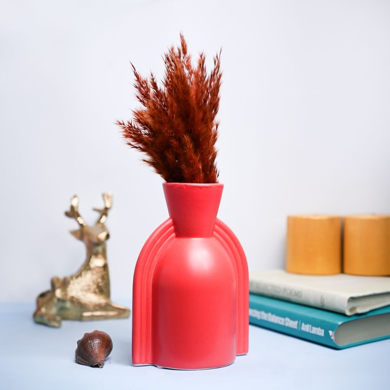 Buy Voncasa Ceramic Red color Ribbed Pattern Flower Vase for Living