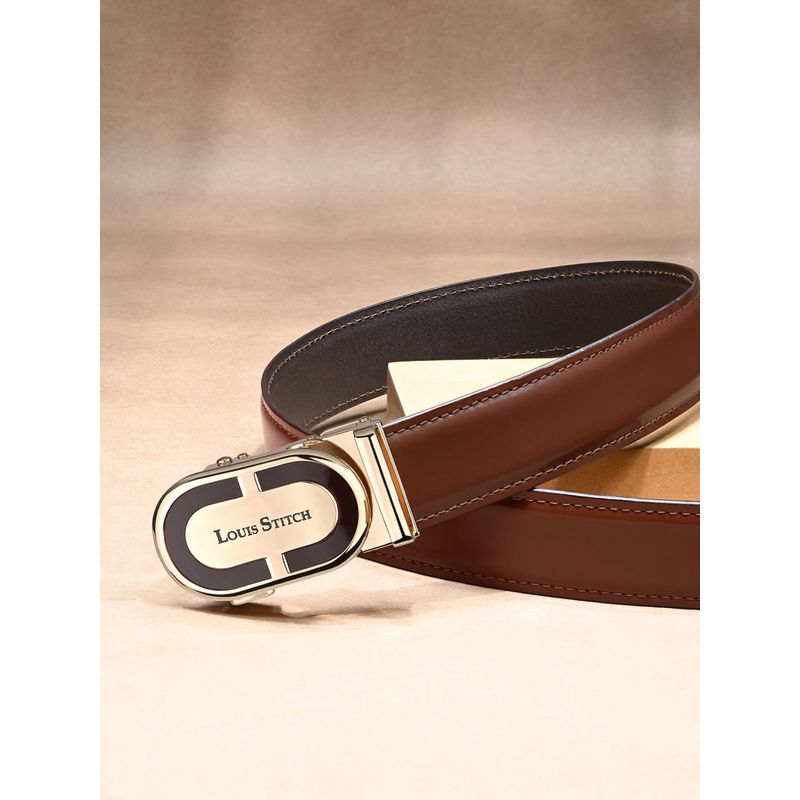 Louis Stitch Premium VT Leather Men's Auto Lock Belt Golden Buckle Belt for Men (36)