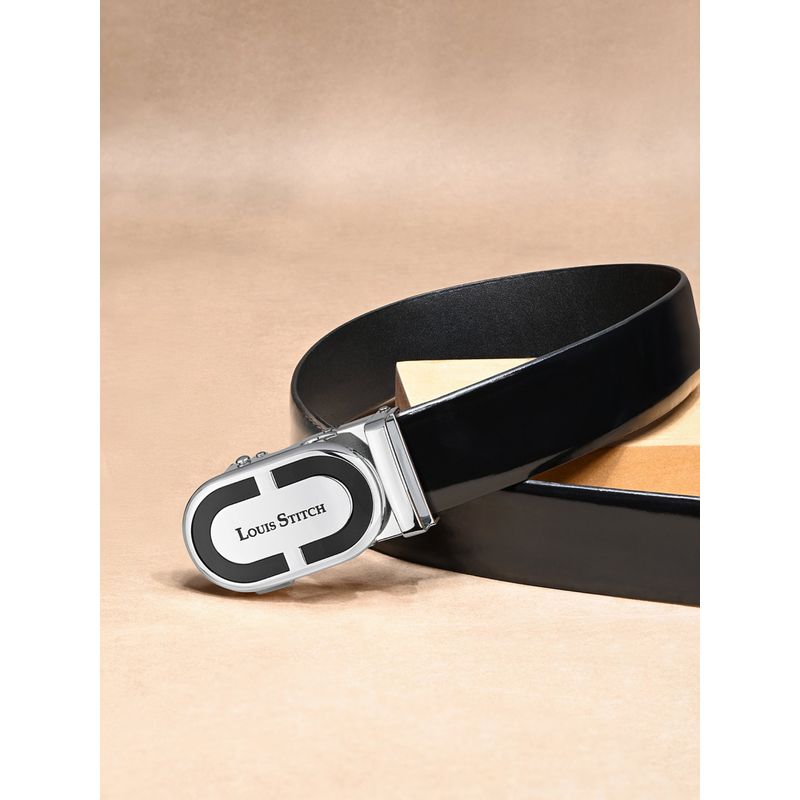 Louis Stitch Premium VT Leather Men's Auto Lock Belt Chrome Buckle Belt for Men (28)