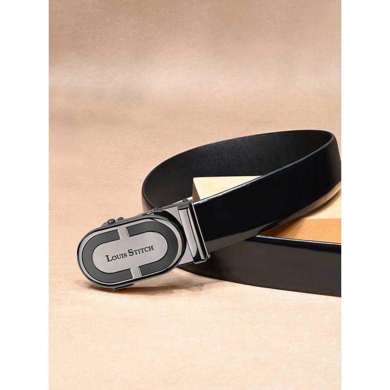 Louis Stitch Premium VT Leather Men's Auto Lock Belt Gunmetal Buckle Belt for Men (28)
