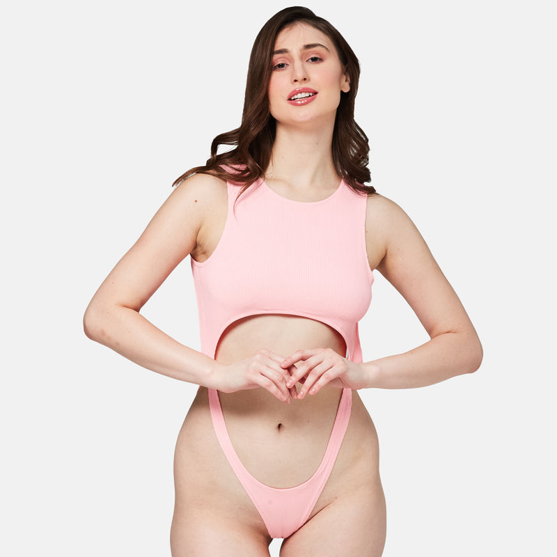 Secrets By ZeroKaata Women Ribbed Solid Bodysuit Swimwear Pink (XS)