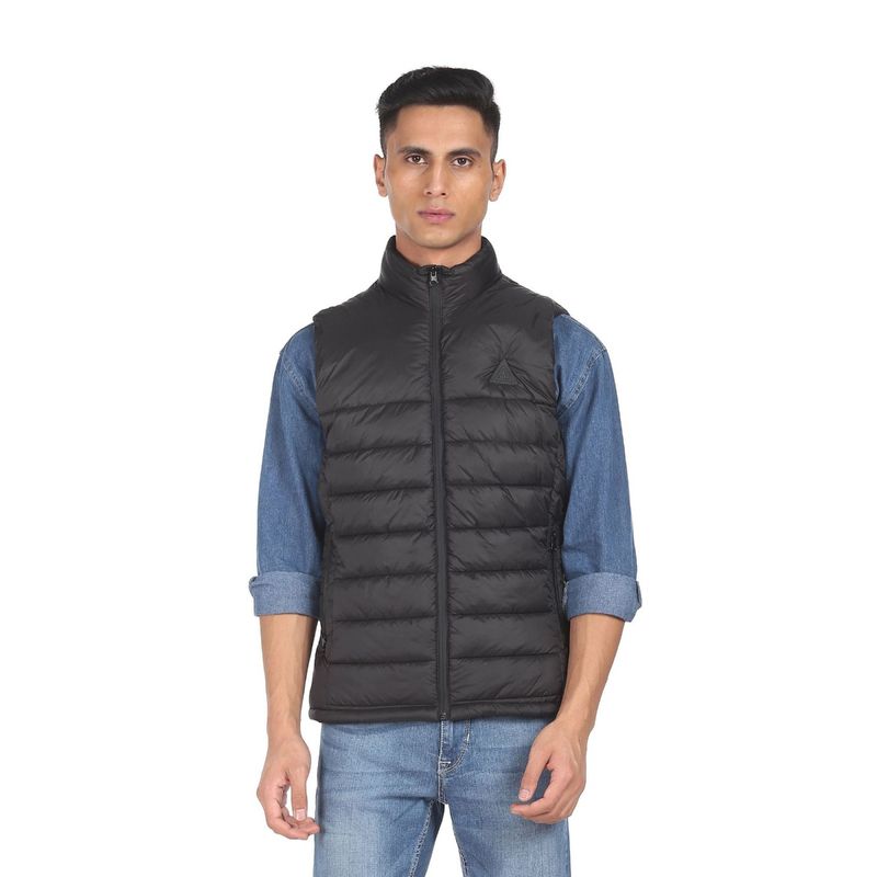 U.S. POLO ASSN. Men Black High Neck Solid Quilted Jacket (L)