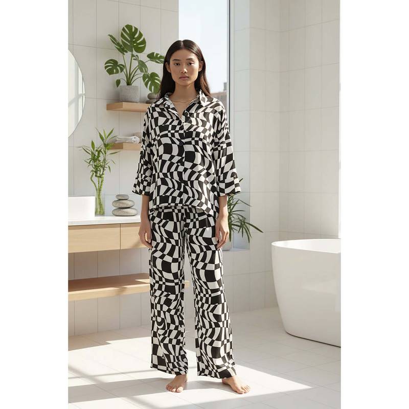 Dear Bed Comfort Clothing Black & White Chess Print Shirt With Pyjama (M)
