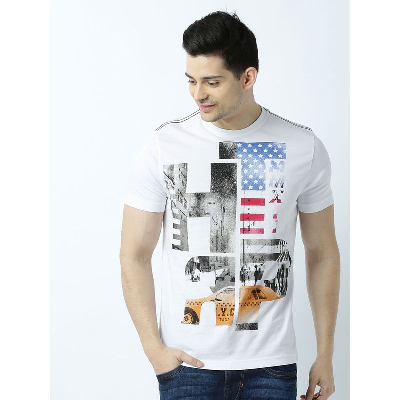 Huetrap Mens Printed Round Neck White T-Shirt (M)