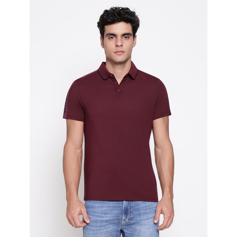 Guess Maroon Men Paul Pique Tape Red Noir Solid Collar Neck Regular Fit Polo T-shirt (S)