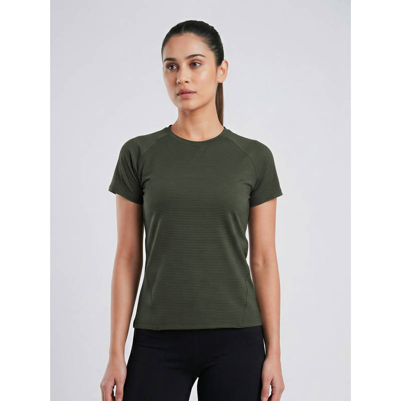 Fitkin Women's Military Green Self-Stripe Round Neck Training T-Shirt (S)