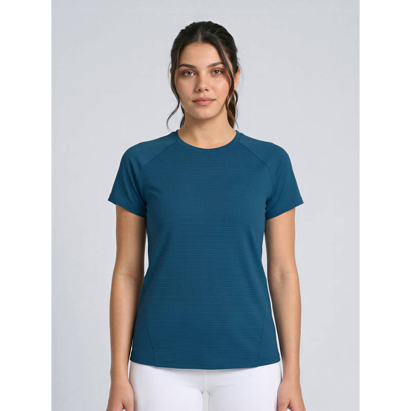 Fitkin Women's Blue Self-Stripe Round Neck Training T-Shirt (M)