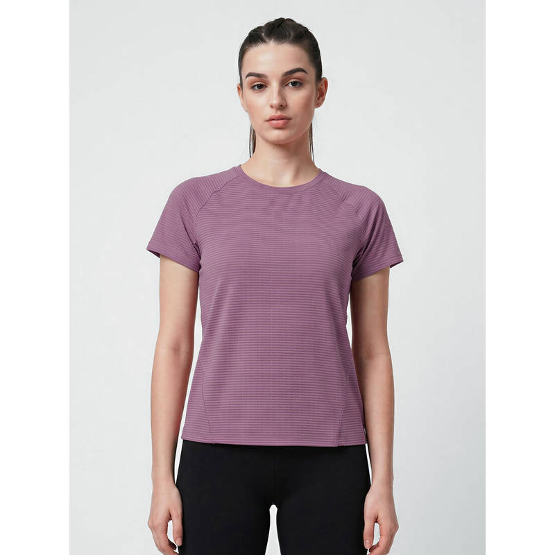 Fitkin Women's Onion Pink Self-Stripe Round Neck Training T-Shirt (S)