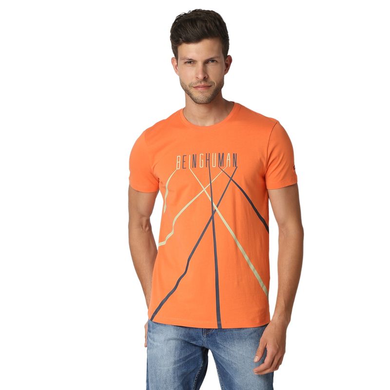 Being Human Men Orange Printed T-Shirt (M)