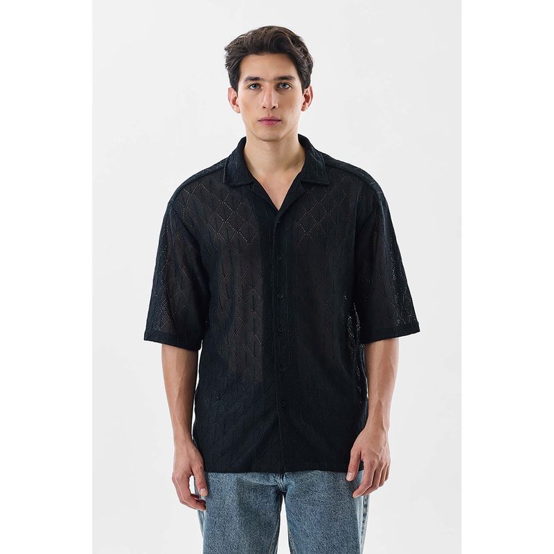 Snitch Black Self Design Half Sleeves Oversized Shirt (S)