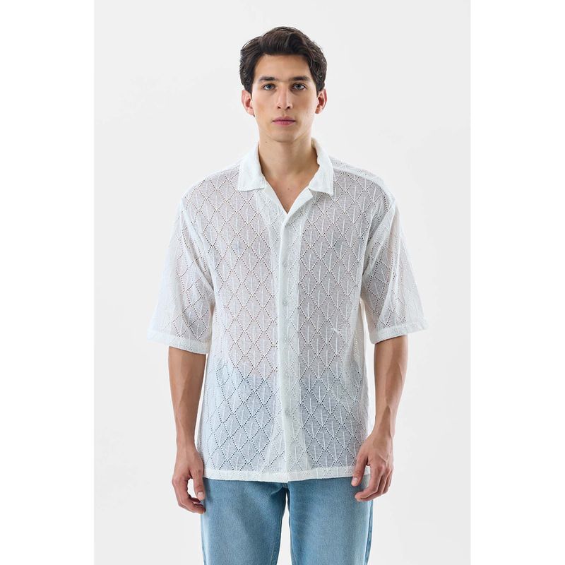 Snitch White Self Design Half Sleeves Oversized Shirt (L)
