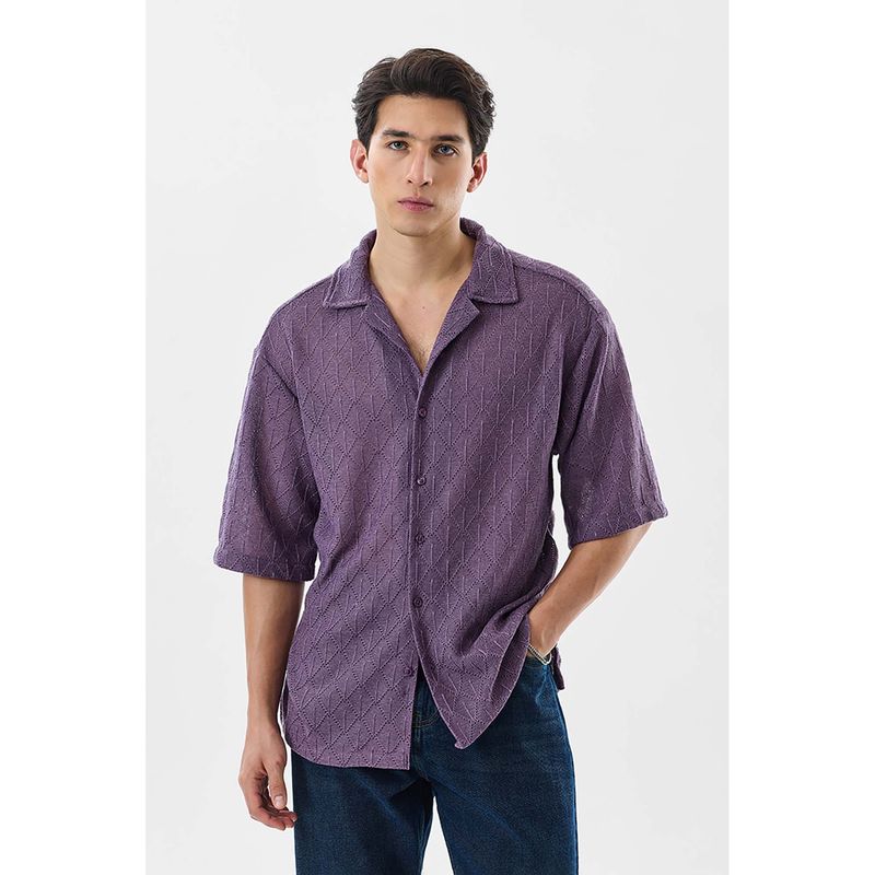Snitch Purple Self Design Half Sleeves Oversized Shirt (XS)
