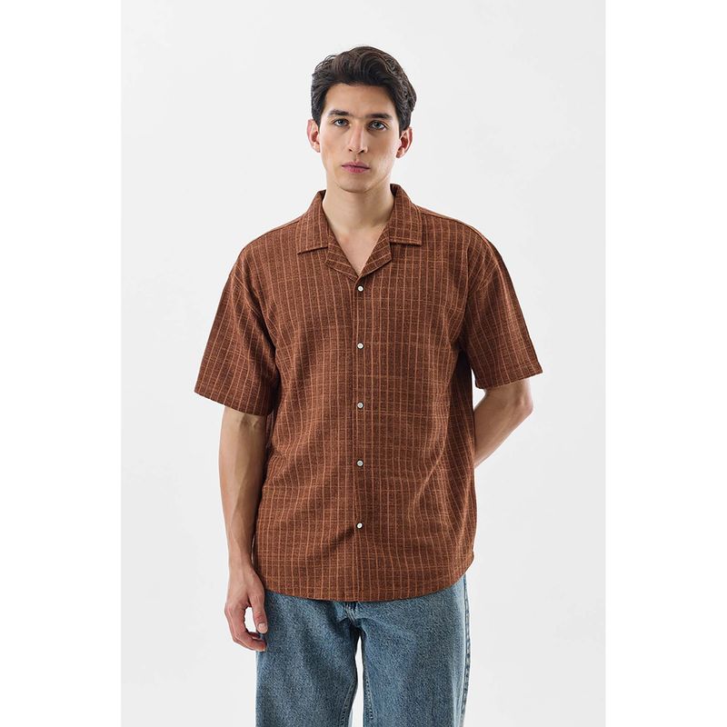 Snitch Brown Stripes Half Sleeves Boxy Shirt (M)