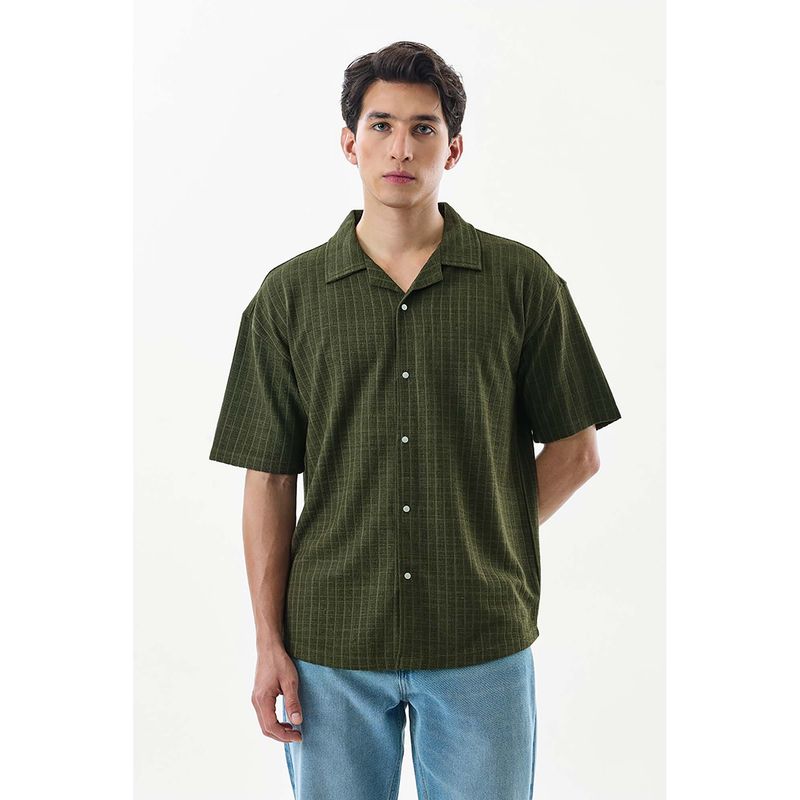 Snitch Olive Stripes Half Sleeves Boxy Shirt (XS)