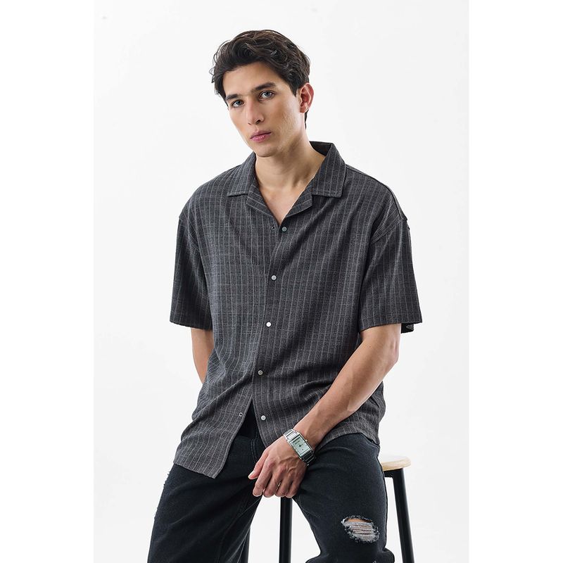 Snitch Dark Grey Stripes Half Sleeves Boxy Shirt (M)