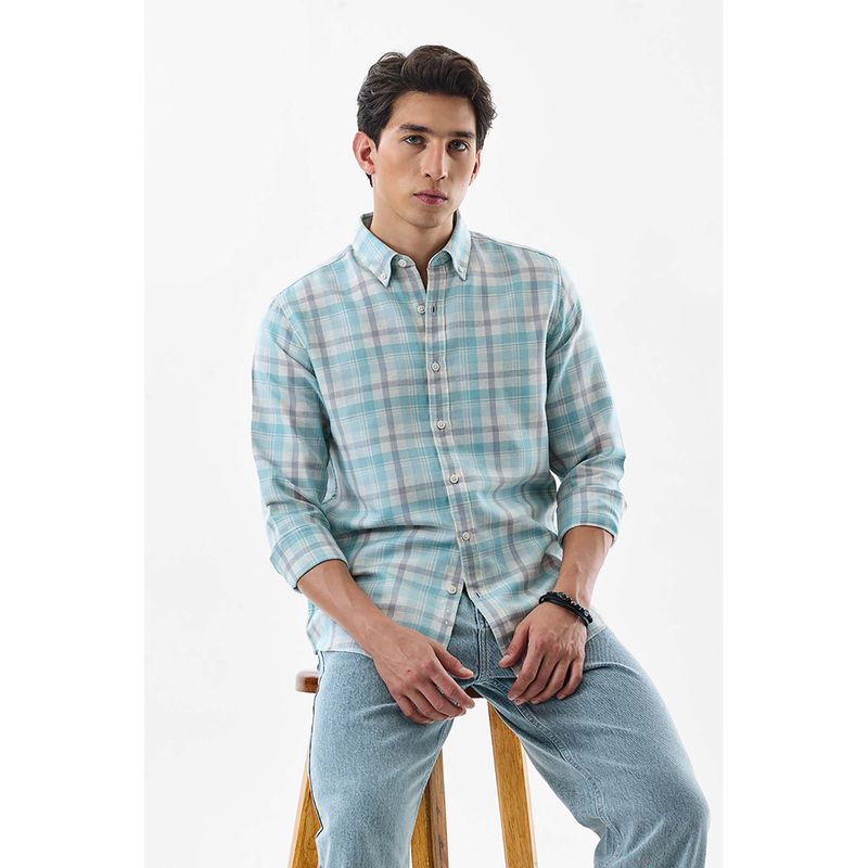 Snitch Aqua Plaid Full Sleeves Slim Casual Shirt (L)