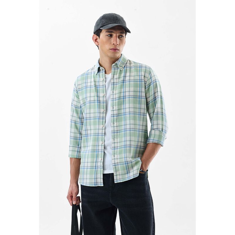 Snitch Light Green Plaid Full Sleeves Slim Casual Shirt (S)