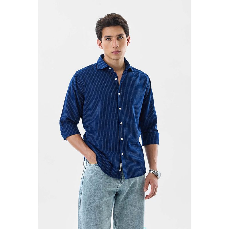 Snitch Navy Blue Stripes Full Sleeves Slim Casual Shirt (L)