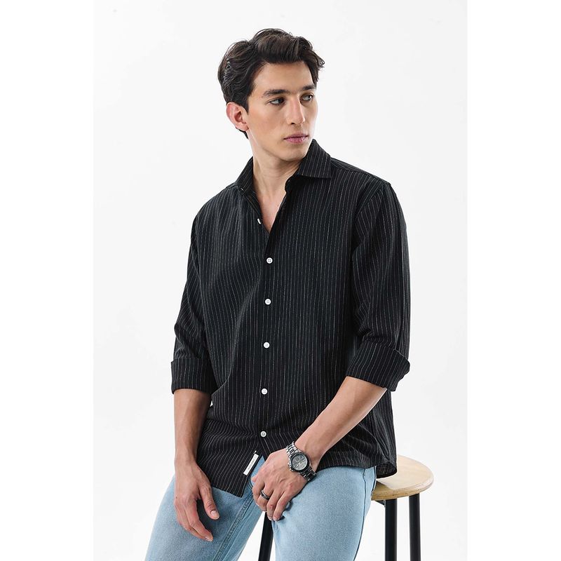 Snitch Black Stripes Full Sleeves Slim Casual Shirt (M)