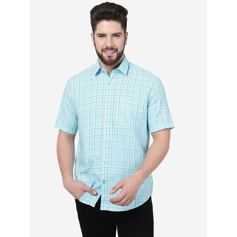 Greenfibre Men Aqua Blue Cotton Smart Fit Checked Casual Shirt (39)