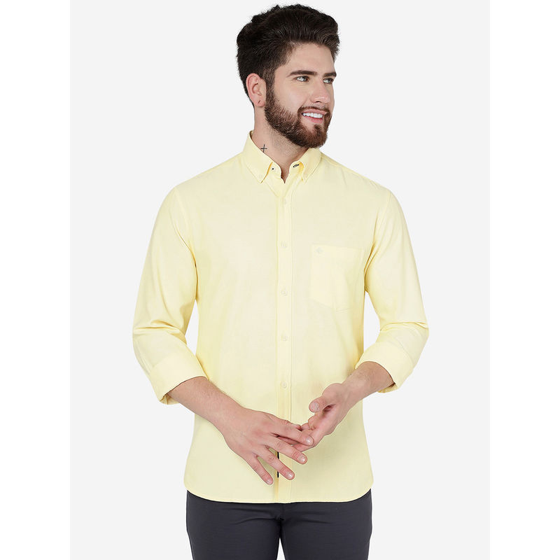 Greenfibre Men Banana Yellow Cotton Slim Fit Solid Semi Casual Shirt (42)