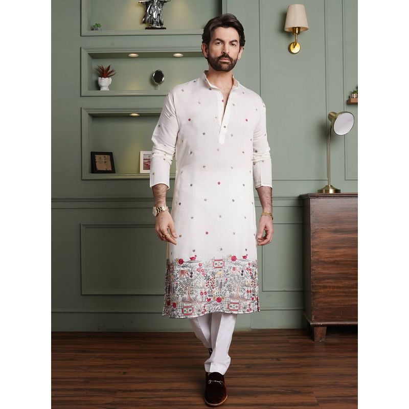 SOJANYA White Cotton Silk Festive Kurta With Pyjama (36)