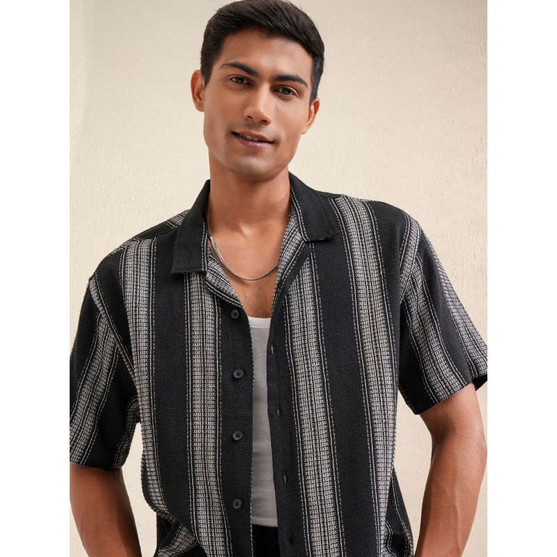 LOCOMOTIVE Men Black Cotton Blend Collar Neck Shirt (L)