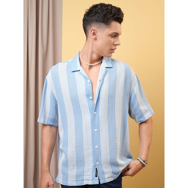 LOCOMOTIVE Men Blue Cotton Collar Neck Shirt (L)