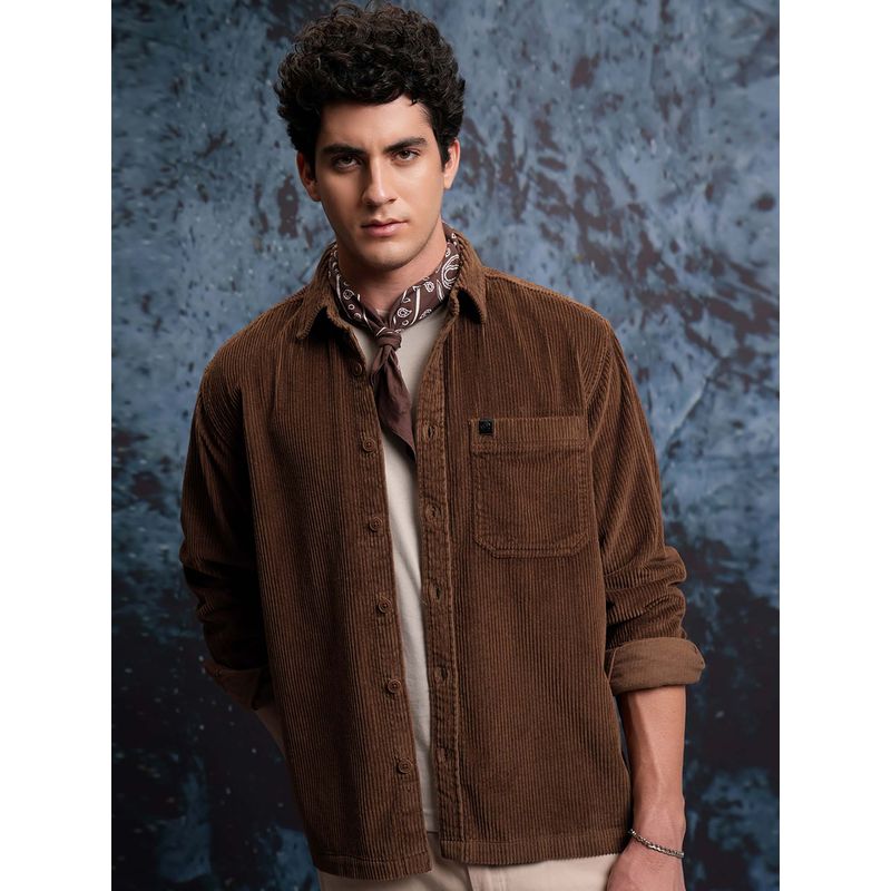 LOCOMOTIVE Men Brown Cotton Collar Neck Shirt (S)