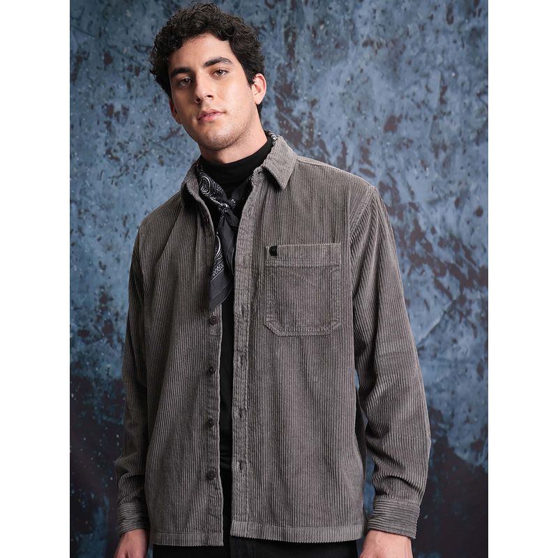 LOCOMOTIVE Men Grey Cotton Collar Neck Shirt (XL)