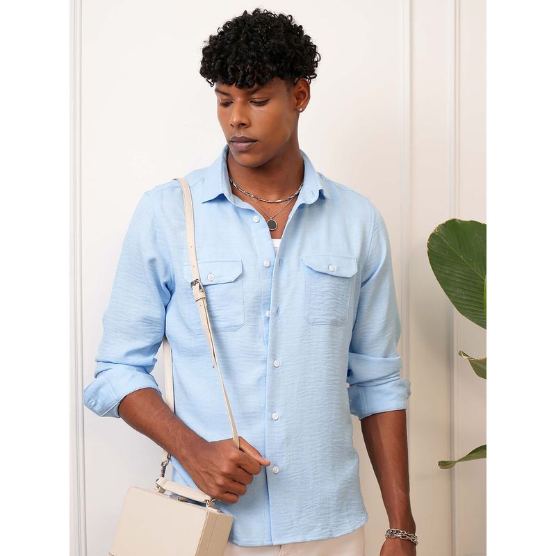 LOCOMOTIVE Men Aqua Polyester Collar Neck Shirt (L)
