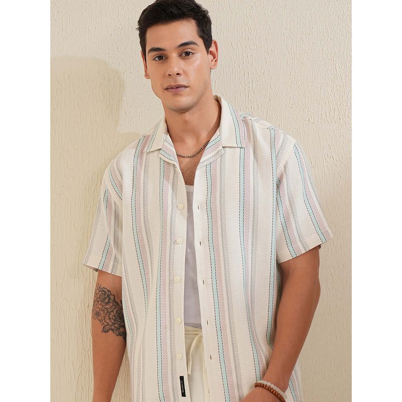 LOCOMOTIVE Men Off White Cotton Collar Neck Shirt (M)