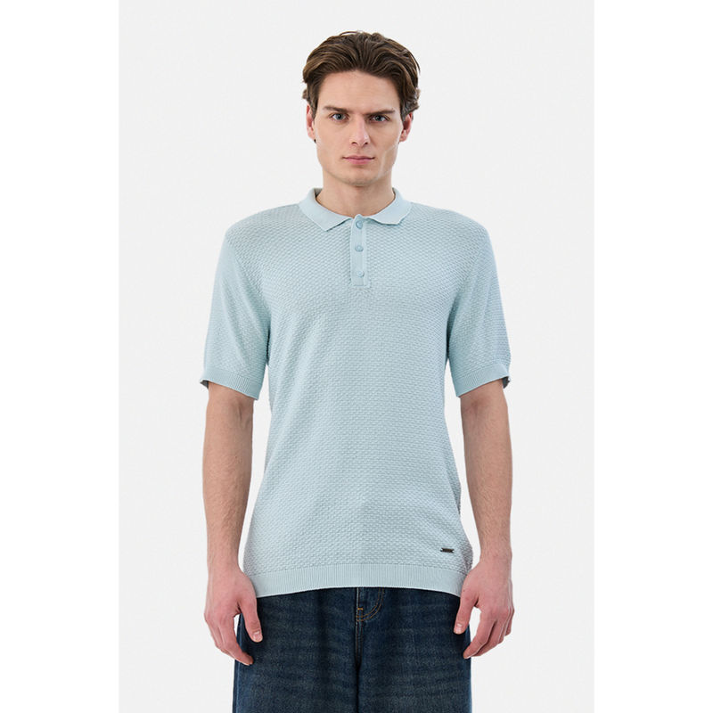 Snitch Light Blue Textured Half Sleeves Regular Polo T-Shirt (XS)