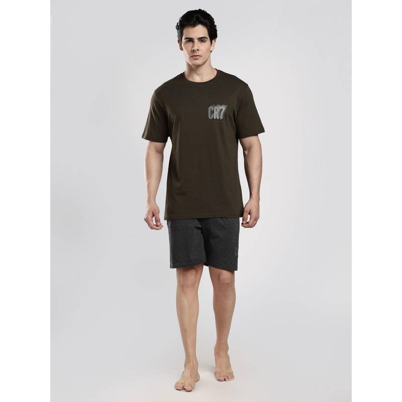 CR7 Cristiano Ronaldo Men Olive Cotton T-Shirt with Shorts (S)