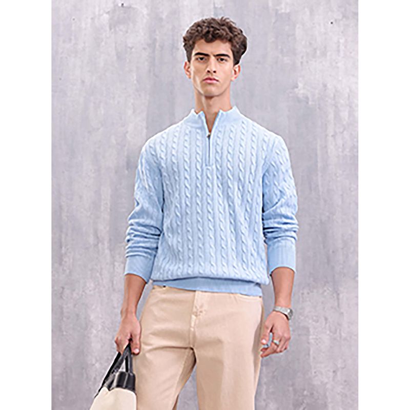 WROGN Men Soft Pastel Blue Cable Knit Half Zipper Sweater (M)
