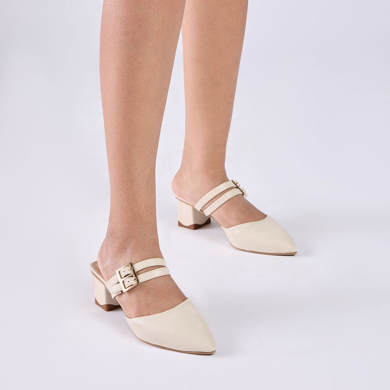 Twenty Dresses by Nykaa Fashion Off White Solid Double Buckle Strap Mules (36)