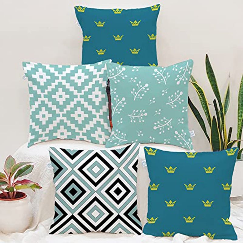 STITCHNEST Blue & Teal Printed Canvas Cotton Cushion Covers, Set of 5 (16 x 16 Inches)