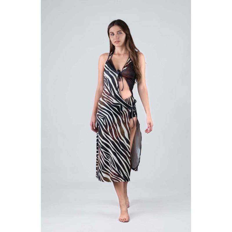 Keepfit Brown Printed Sleeveless Bikini Top And Bottom With Coverup (XS)
