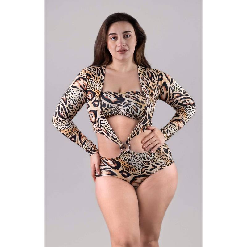 Keepfit Brown Printed Full Sleeves Bikini Top And Bottom With Coverup (XS)