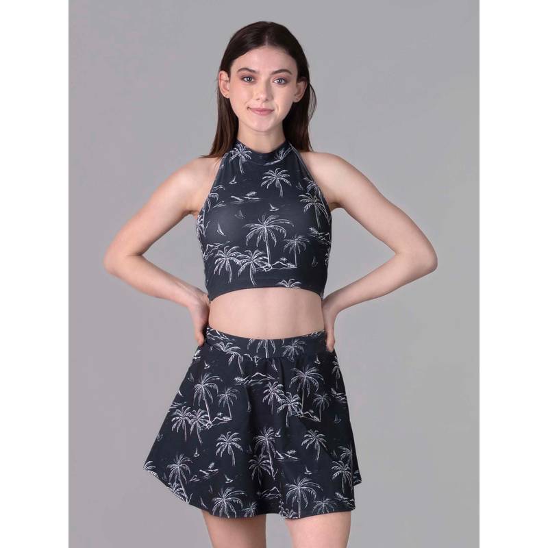 Keepfit Black Printed Sleeveless Top And Skirt (XS)
