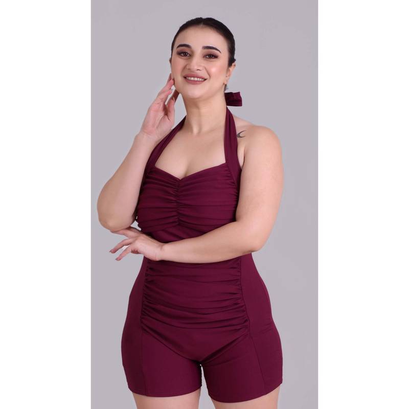 Keepfit Maroon Solid/Plain Sleeveless Swimsuit (M)