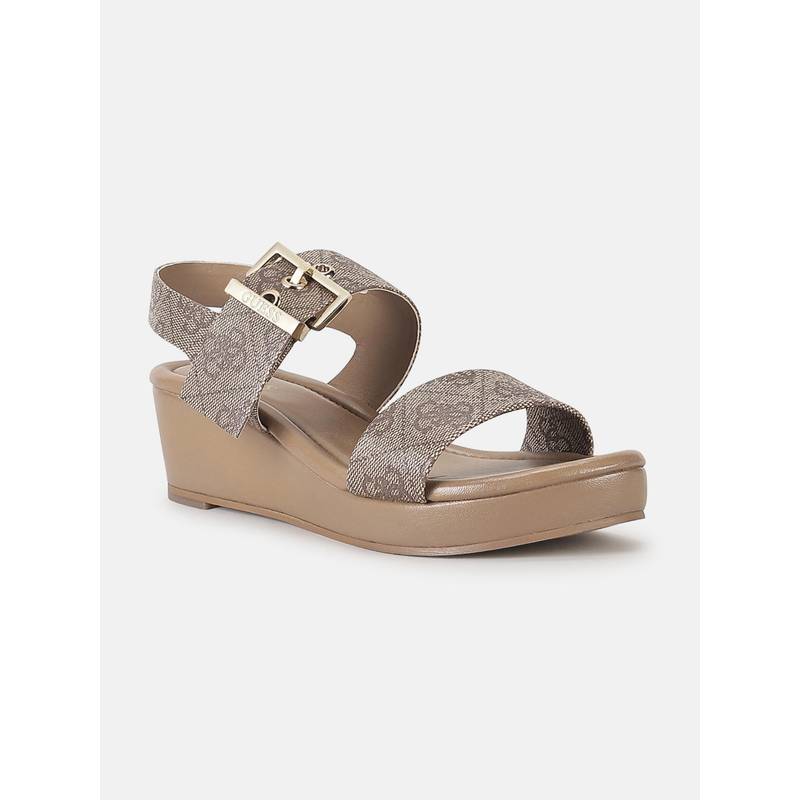 Guess Women Beige Printed Buckle Strap Open Toe Heels (UK 6)