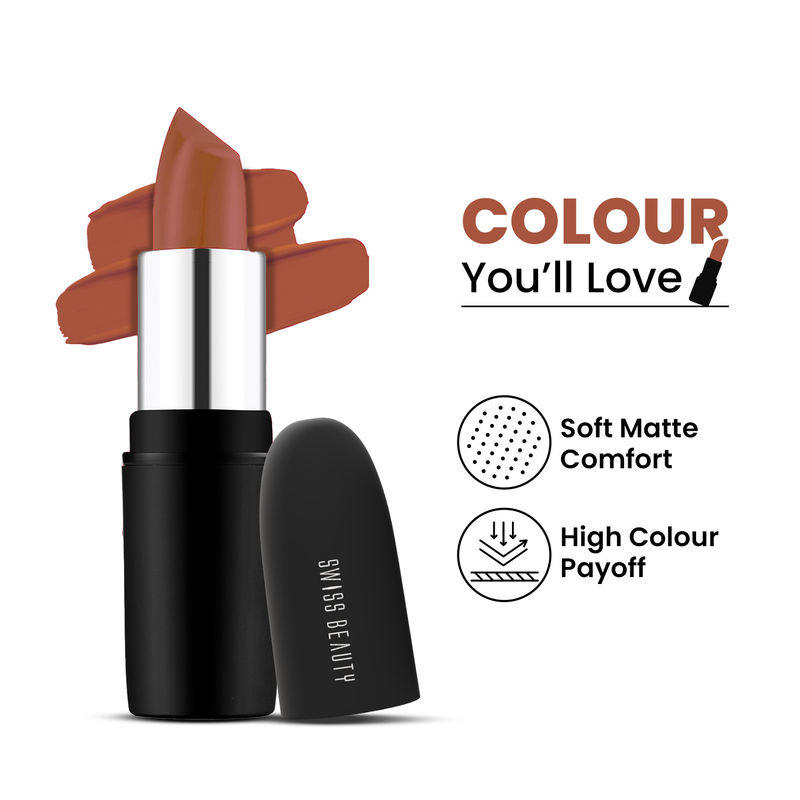 Swiss Beauty Pure Matte Lipstick , Non-Drying, Smooth Glide, Long Lasting - 213 Bare