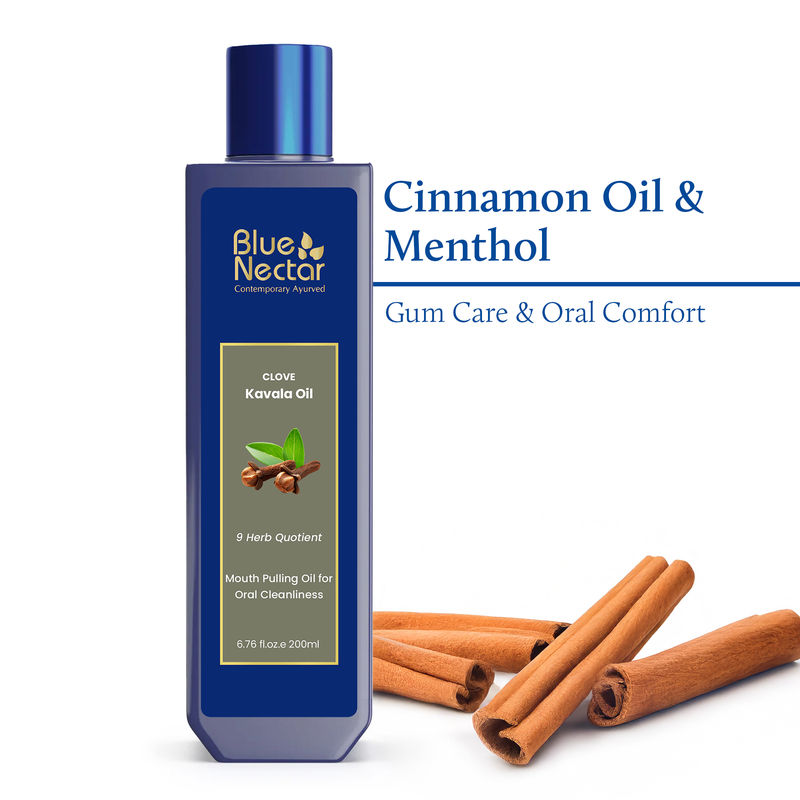 Blue Nectar Cinnamon Mouth Pulling Oil, Ayurvedic Mouthwash for Fresh Breath & Oral Care - 9 Herbs