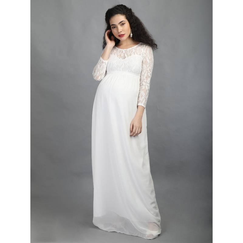 white lace bodycon maternity dress Formal Dresses Long White Maternity With Sleeves Momyknows Lace Flare Sleeve Beaded Neckline