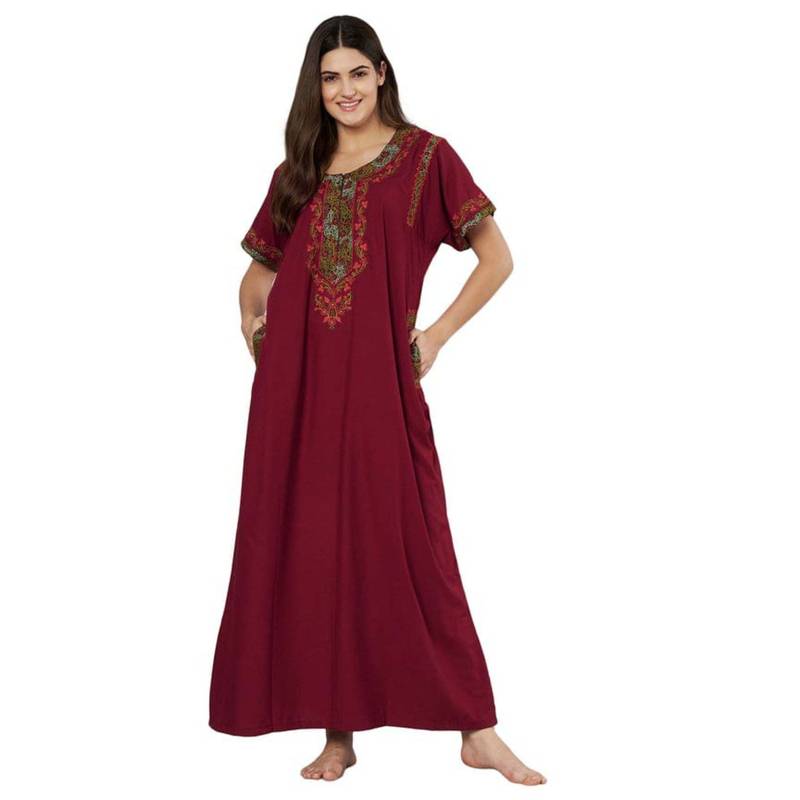 KOI SLEEPWEAR Maroon Embroidered A-Line Night Dress (M)